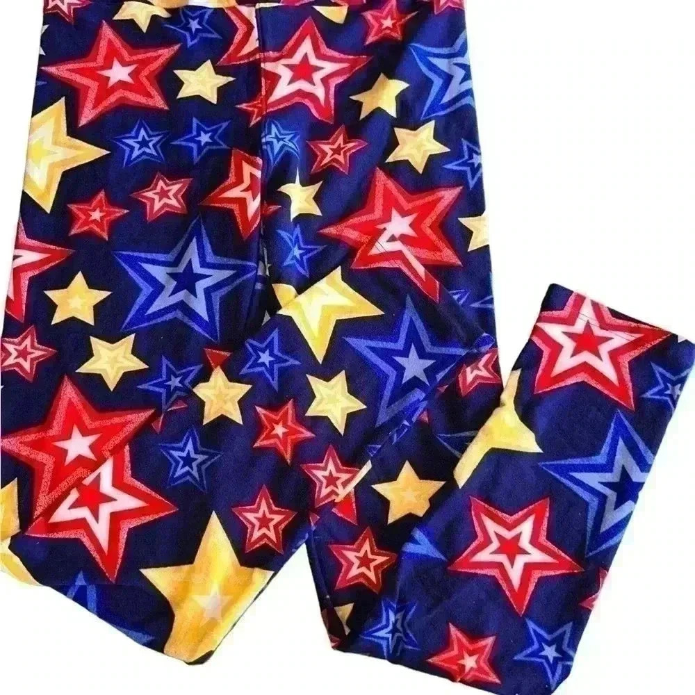 Lularoe One‎ Size Navy leggings with stars! NWOT. Red, yellow, white.